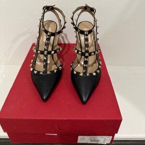 Valentino Rockstud T-Strap Black Leather Heels Sz 38.5